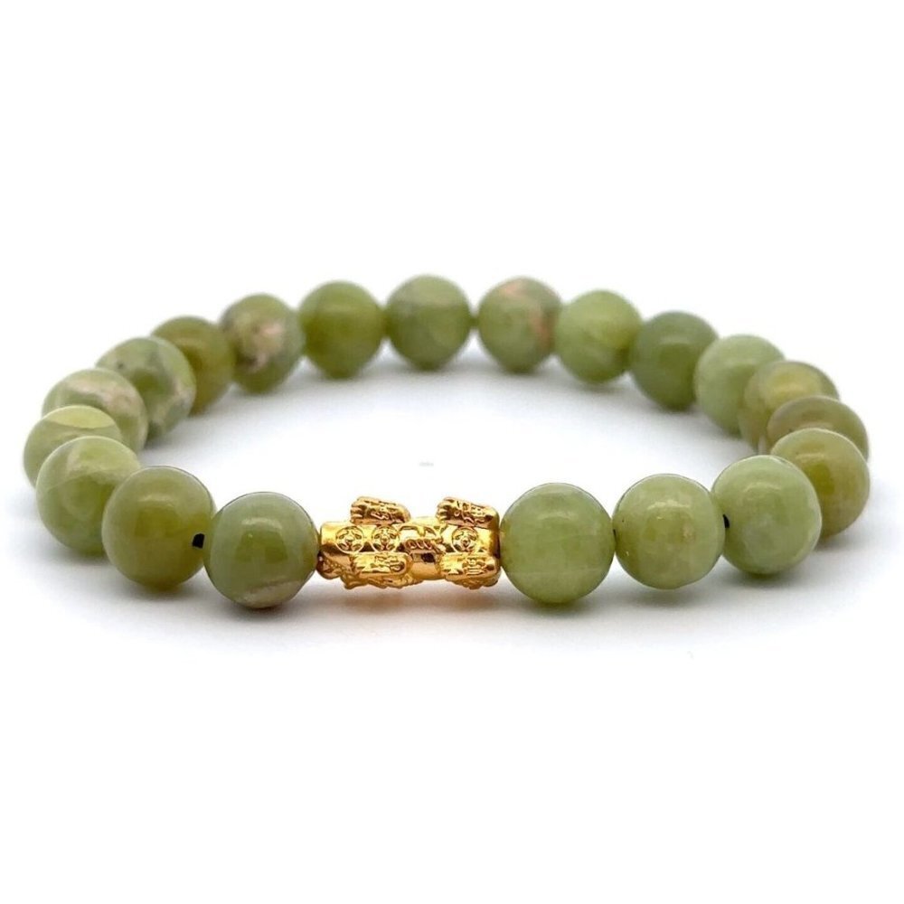 Natural Peridot Stretchable Bracelet Size 7 with 24K Gold Dragon Pixiu - Picture 7 of 7